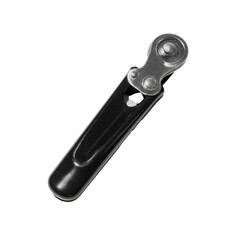 A close-up grayscale view of a black metal latch with rounded ends and a connecting mechanism