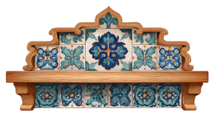 Decorated wooden shelf features ornate tiles with floral designs in shades of blue and turquoise