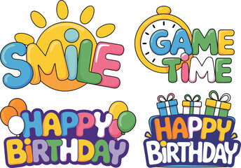 Colorful Cartoon Text Designs Featuring Smile, Game Time, Happy Birthday with Balloons, Gifts and Fun Elements for Celebration Themes