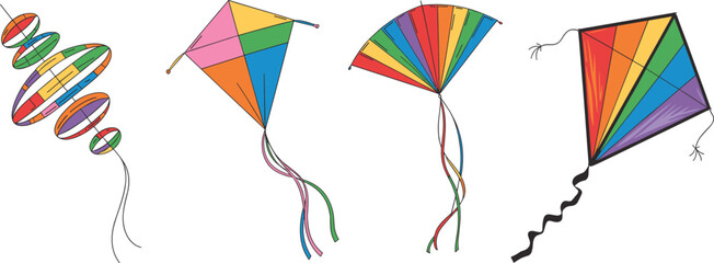 Colorful collection of flying kites in various shapes and rainbow patterns isolated on white background, summer festival fun vector illustration