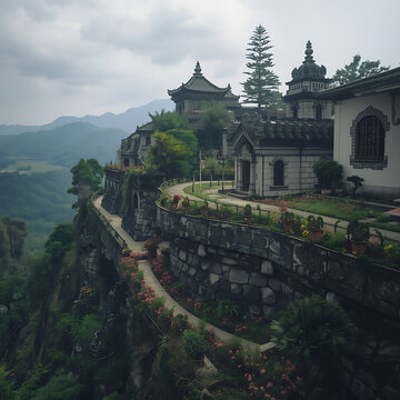 beautiful Chinese style scenery with beautiful temples and mountains