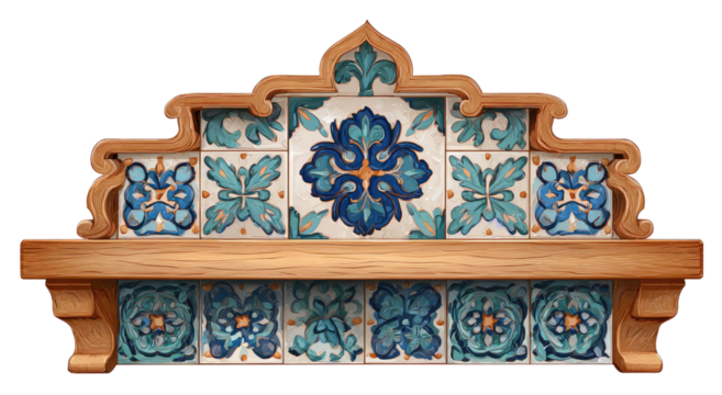 Decorated wooden shelf features ornate tiles with floral designs in shades of blue and turquoise