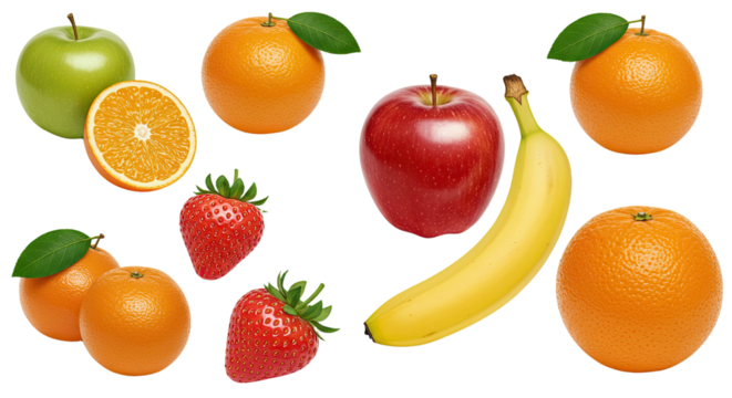 Fresh assorted fruits including apples, oranges, strawberries, and banana isolated on white, perfect for healthy eating and nutrition content