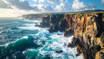 Dramatic coastal cliffs overlooking a turbulent ocean with crashing waves under a partly cloudy sky.