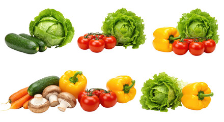 Fresh assorted vegetables including lettuce, tomatoes, cucumbers, carrots, yellow bell peppers, and mushrooms isolated on white background, perfect for healthy cooking