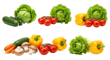 Fresh assorted vegetables including lettuce, tomatoes, cucumbers, carrots, yellow bell peppers, and mushrooms isolated on white background, perfect for healthy cooking
