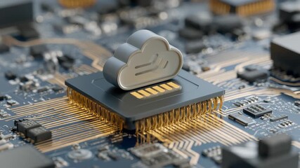 Data storage technology concept featuring cloud upload on a microprocessor with intricate circuits and connections - Powered by Adobe