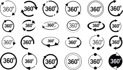 Set of 360 degree rotation icons and circular arrow symbols for panoramic view or virtual reality interface vector illustration