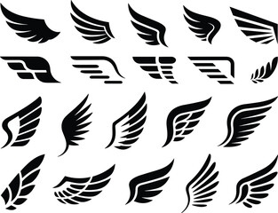 Stylized Wing Icon Set Featuring Feathered, Geometric, Abstract Designs for Tattoo, Logo, Symbol, Fantasy, and Vector Illustration Use