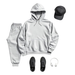 Trendy lifestyle apparel flat lay showcasing a stylish blank hoodie, joggers, cap, sneakers and headphones, perfect for athleisure and casual fashion branding