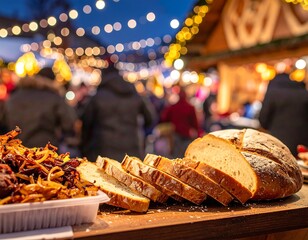 Street food bread and fried onions, holiday market, blurred lights