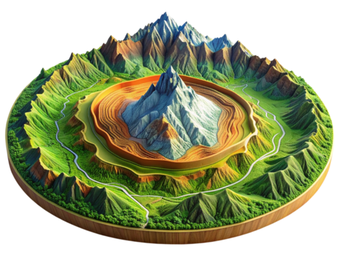 3d model of mountain landscape with layers and cross section, isolated view isolated on transparent background