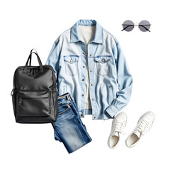 Trendy casual outfit flatlay for youthful style: Denim jacket, jeans, backpack, sneakers, and sunglasses create a modern, cool look for everyday adventures