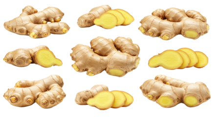 Fresh ginger root and sliced ginger pieces isolated on white background, healthy spice and natural ingredient perfect for cooking and remedies