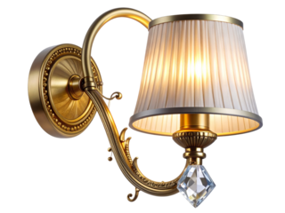 Elegant brass wall sconce with crystal accent and pleated shade illuminated indoors isolated on transparent background