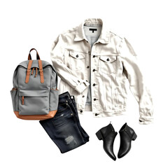 Modern men's fashion essentials laid out: stylish jacket, jeans, boots, and backpack perfect for urban adventures and everyday wear, capturing a cool and trendy vibe