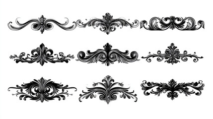 Nine ornate black and white decorative flourish design elements set.