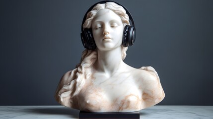 Elegant marble bust wearing headphones listens to music in a modern art display setting