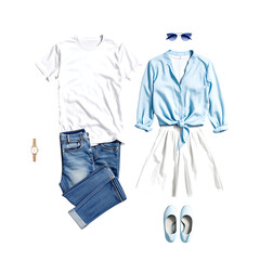 Stylish couple's coordinated summer outfits flat lay featuring casual white t-shirt, denim jeans, blue shirt, white skirt, and matching accessories