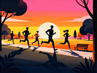 Flat design vector graphic of a community of runners exercising outdoors in a park landscape during a scenic sunrise or sunset