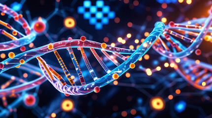 Abstract digital representation of dna strands with glowing particles