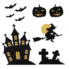 Silhouette Halloween Elements Collection with Haunted House ,Gravestones ,Jack O Lantern ,Witch and Bats.