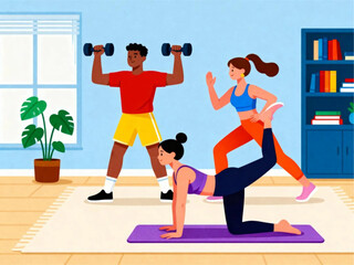 Naklejka premium Diverse group of people engaging in a home fitness routine, including weightlifting and yoga poses
