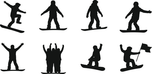 Snowboarding silhouette, winter sport, mountain action, group celebration, jump pose, black vector, outdoor activity, snowboard tricks, flag ride, freestyle moment