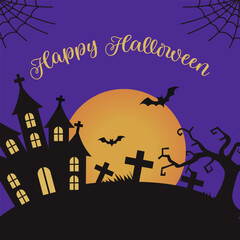 Happy Halloween Greetings Card Illustration with Silhouette Haunted House Moon Bats and Gravestones.