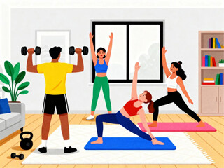 People Doing Home Workout Together in Living Room