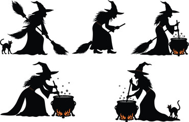 Witch silhouettes with broomsticks, cauldrons, cats, and wands, magical spellcasting poses, Halloween theme, spooky black vector icons, fantasy illustration