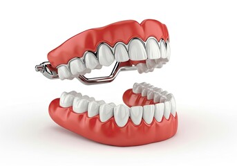 Obraz premium Upper and Lower Dentures with Metal Clasps on a White Background Dental Prosthetics