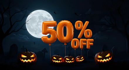 3d text "50%" banner, evil glowing carved jack-o-lantern pumpkins - spooky Halloween retail promotion, discount, e-commerce, advertisement, marketing, festive holiday celebration