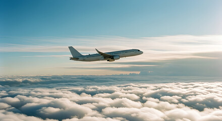 Passenger airplane flying above the clouds. Silhouette airplane flying across the sky. Side view angle. Modern passenger jet airplane.