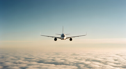 Fototapeta premium Passenger airplane flying above the clouds in a blue sky background. Front view angle. Modern passenger jet airplane.