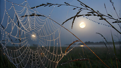 Sparkling spider web with dew drops illuminated by the moonlit foggy field at dawn