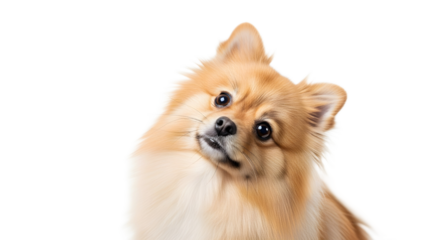 Adorable fluffy Pomeranian dog tilting its head curiously on a white background