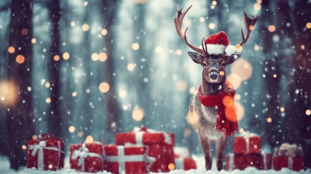 A festive reindeer in a snowy forest with gifts and bokeh lights