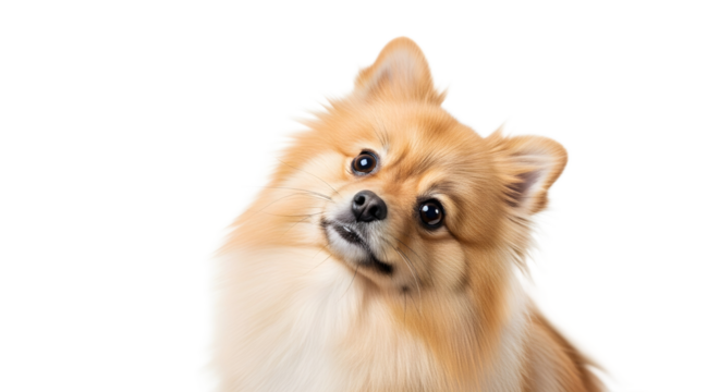 Adorable fluffy Pomeranian dog tilting its head curiously on a white background