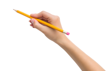 A generic hand firmly holds a sharp yellow wooden pencil with a pink eraser, poised for writing or drawing, transparent png, isolated.