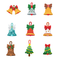 A collection of various cute and festive Christmas decorative icons, including bells, stockings, and ornaments, perfect for holiday greeting cards, banners, and digital design elements