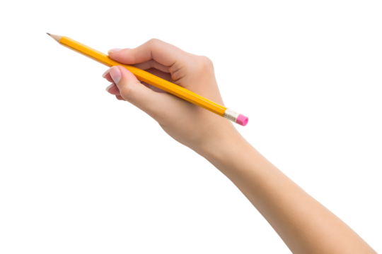 A generic hand firmly holds a sharp yellow wooden pencil with a pink eraser, poised for writing or drawing, transparent png, isolated. - Powered by Adobe