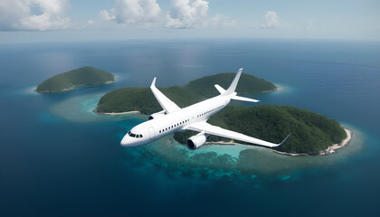 Passenger airplane flying above the islands and blue sea in a blue sky background. Corner angle, high view.
