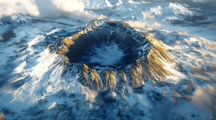 Majestic volcanic crater surrounded by snow-covered mountains during golden hour