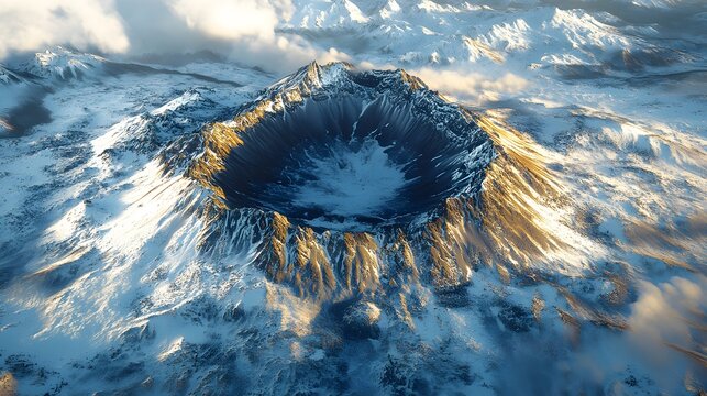 Majestic volcanic crater surrounded by snow-covered mountains during golden hour
