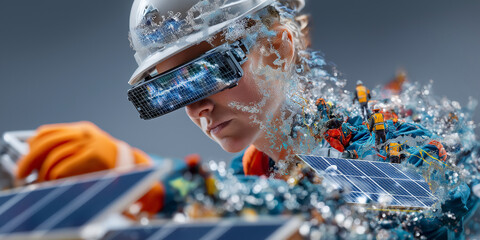 Futuristic engineer wearing helmet and augmented reality glasses works on solar panels, symbolizing renewable energy and modern technology. scene is dynamic and innovative