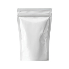 A vertical, glossy white pouch with a zipper seal, isolated on black. Shows packaging