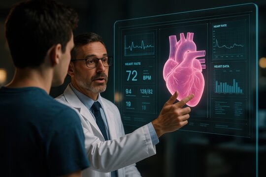 Heart Analysis and Discussion: An insightful medical scene unfolds as a doctor, points to the 3D heart with the patient. Analyzing health data, fostering trust, and patient-centered care. - Powered by Adobe