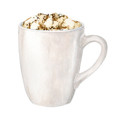 A white mug of cocoa with marshmallows. Hot chocolate is a traditional Christmas drink. A cup of coffee for a cozy winter holiday at home. Watercolor New Year's illustration.