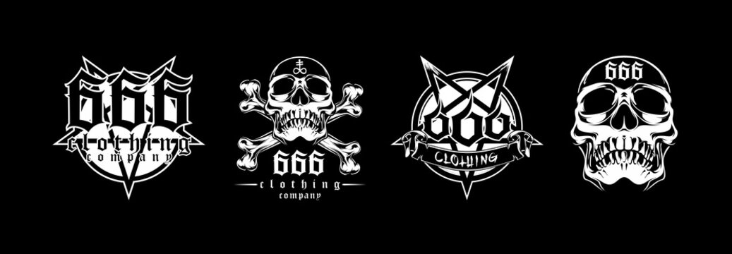 Collection of white 666 clothing company logos on black background Keywords: logo, 666, clothing